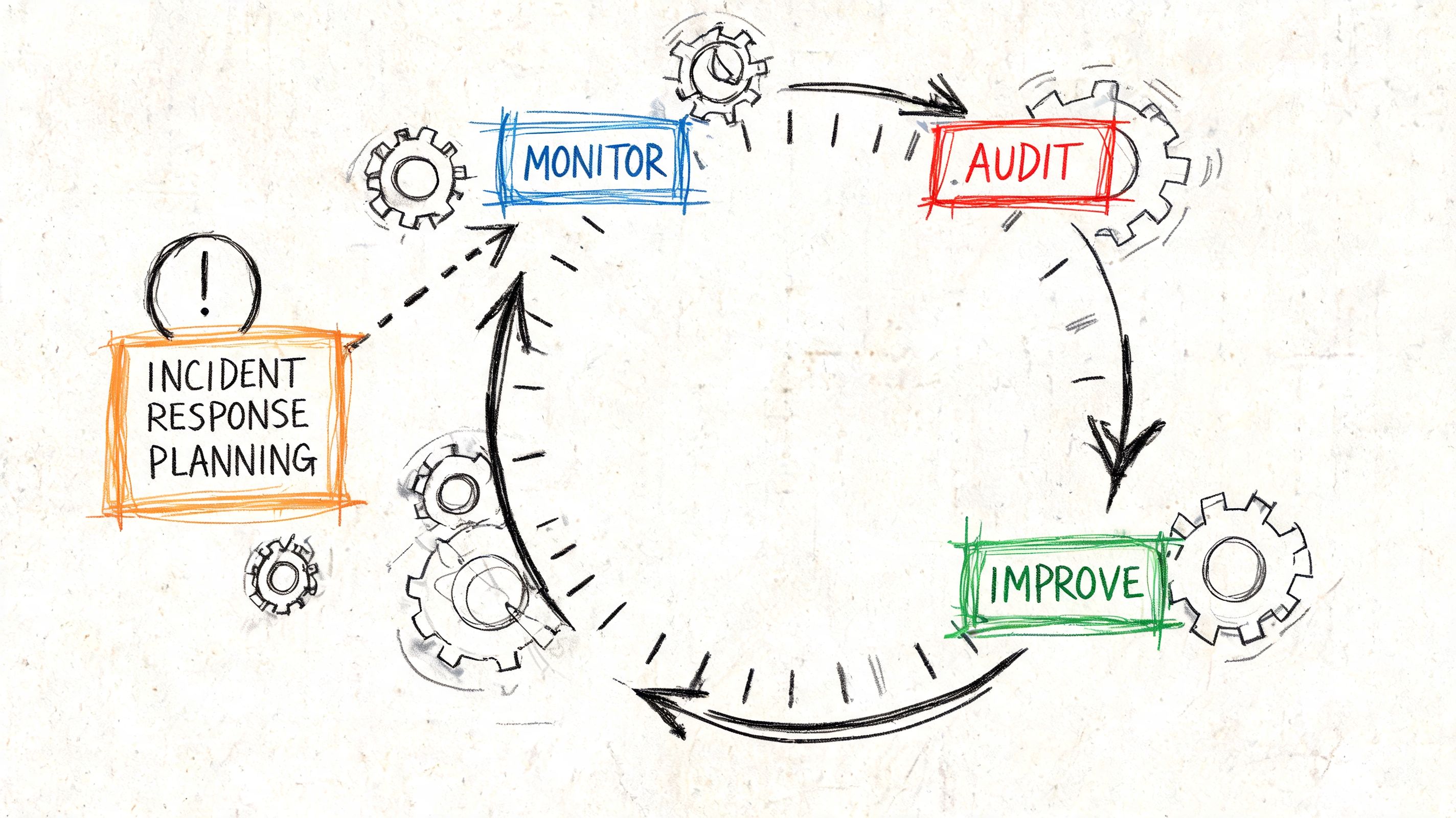 A hand-drawn diagram illustrating a cybersecurity incident response process, featuring stages for monitoring, auditing, and improving systems.