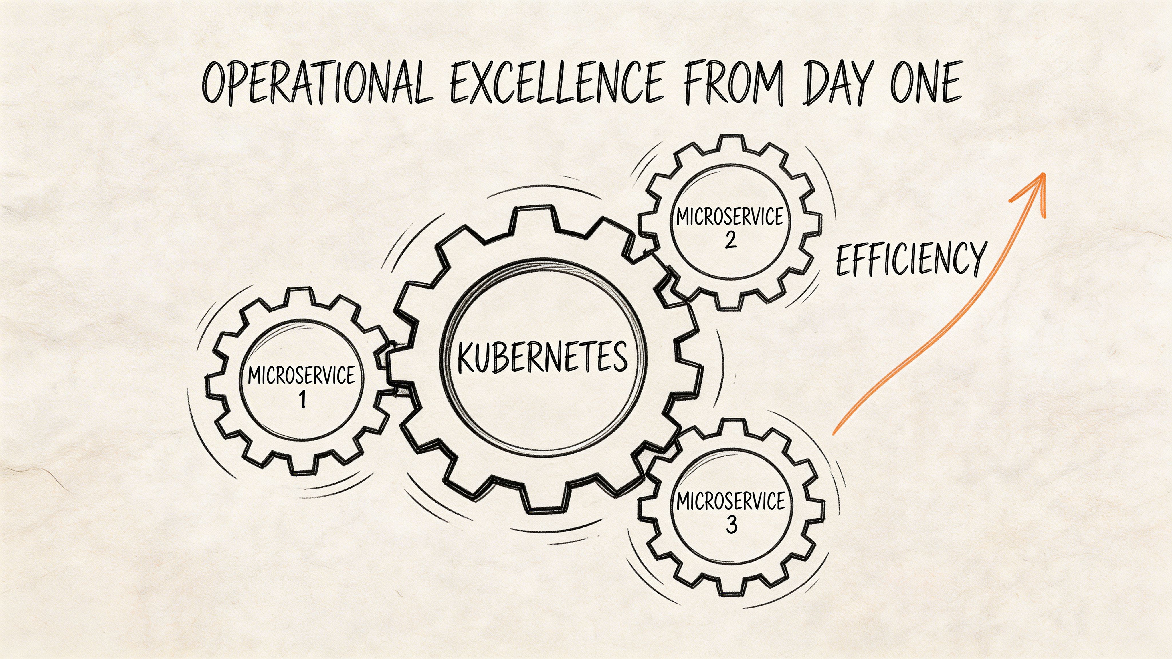A hand-drawn diagram showing Kubernetes as a central gear connecting three microservice gears, indicating increased efficiency.