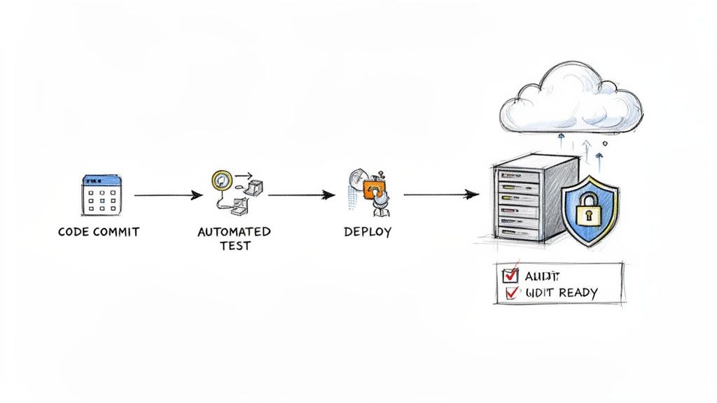 Illustration of a secure software development pipeline from code commit to cloud deployment with automated testing and audit.