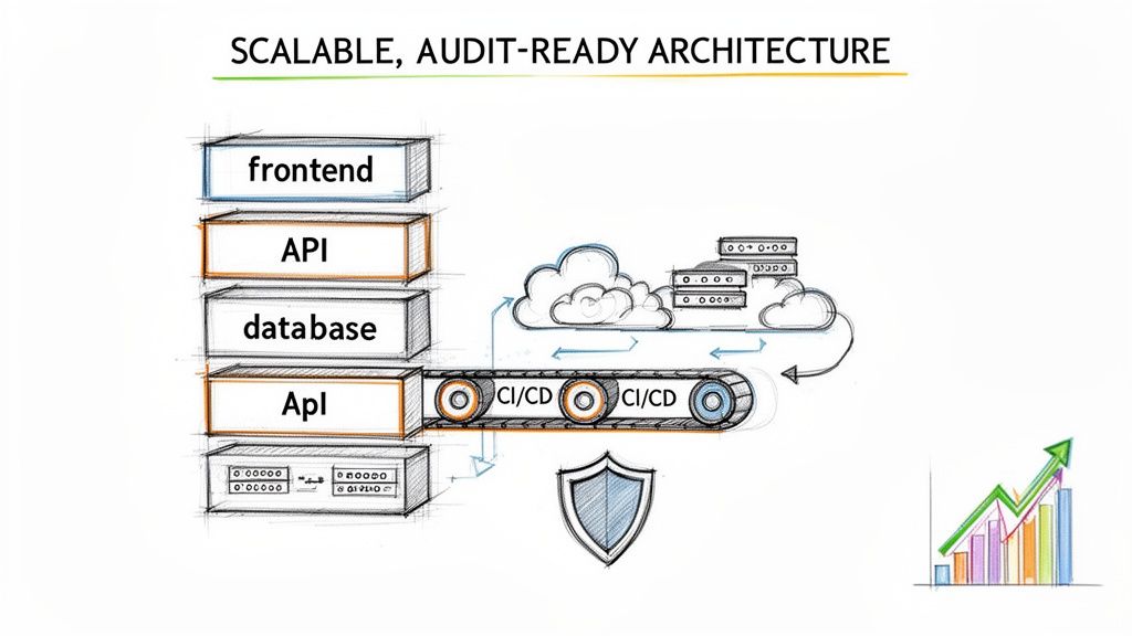 Diagram illustrating a scalable, audit-ready application architecture with frontend, APIs, database, CI/CD, cloud deployment, and security.