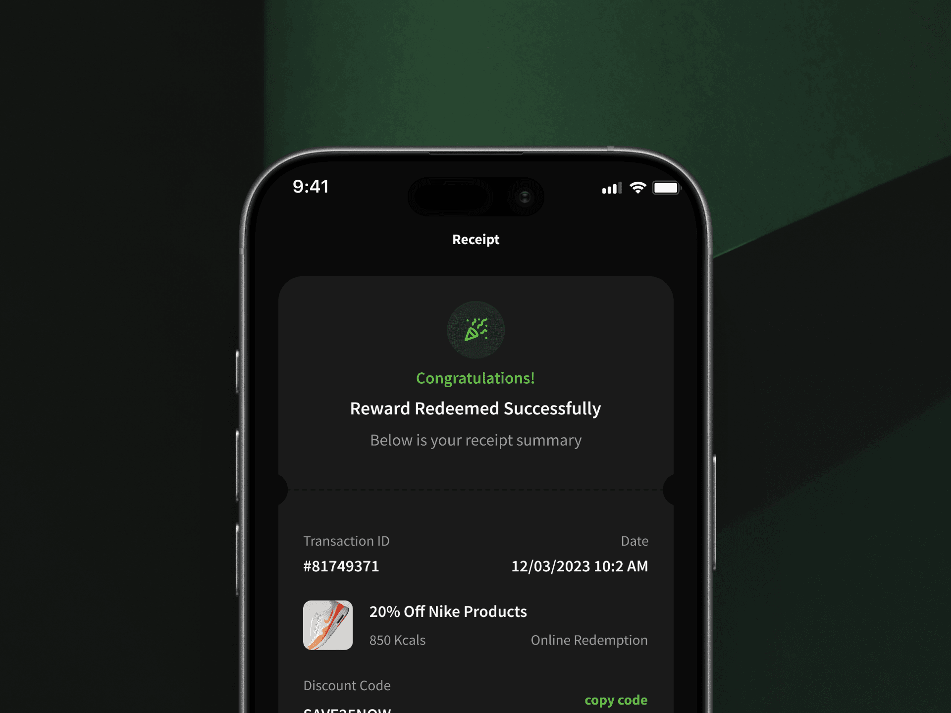 A dark-mode mobile receipt screen showing a successful reward redemption, with a confirmation message and receipt details for a 20% off Nike products reward worth 850 calories.