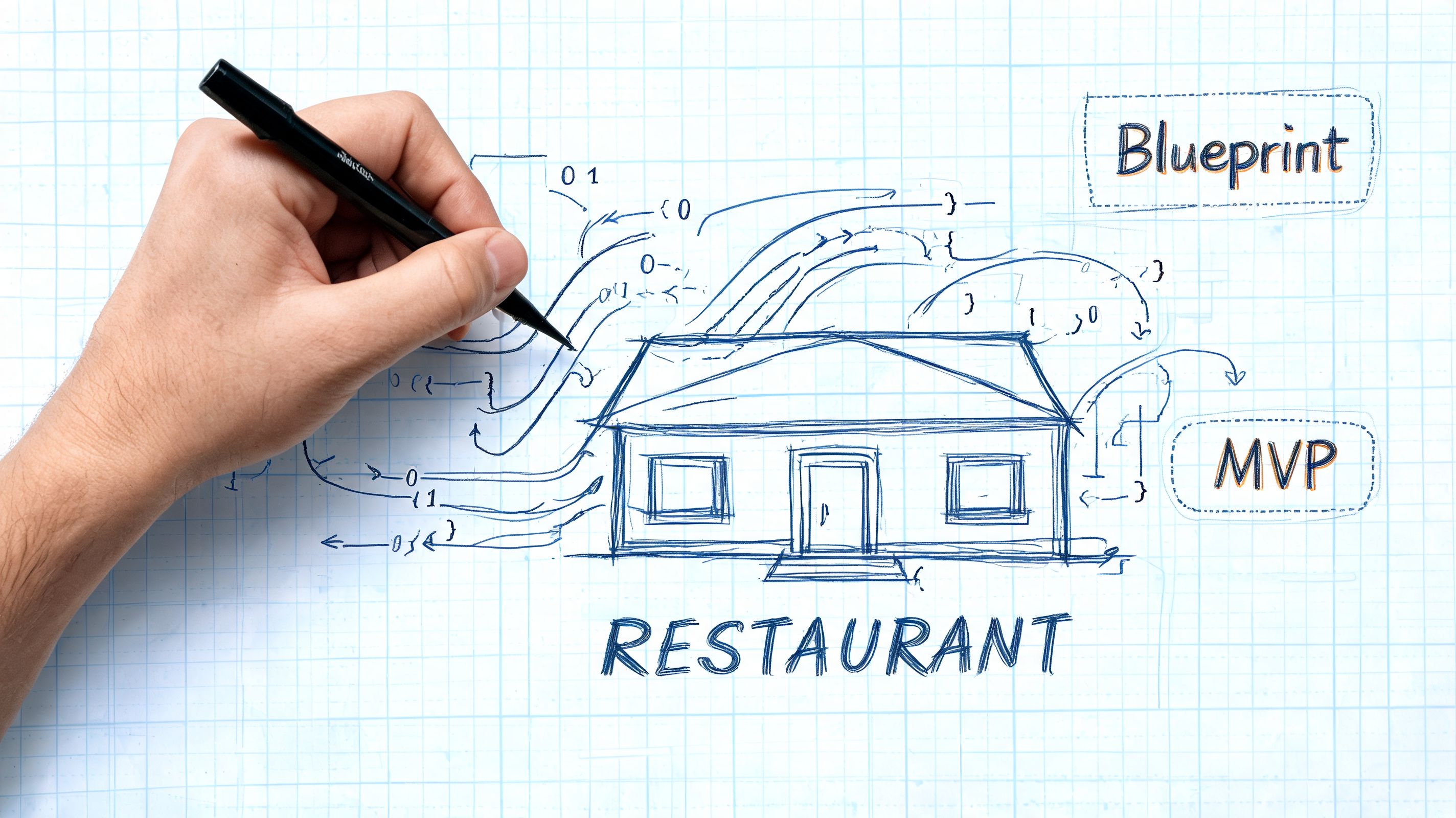 A hand drawing a blueprint of a restaurant building concept on grid paper with digital code elements.