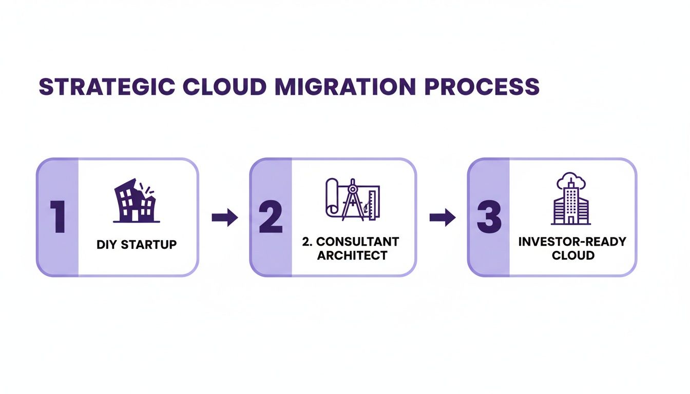 A three-step strategic cloud migration process from DIY startup to investor-ready cloud.