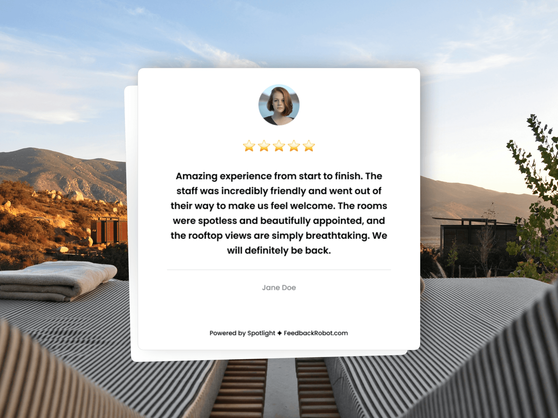 FeedbackRobot Spotlight feature displaying a 5-star customer review card overlaid on a photo of a hotel terrace with a mountain view.