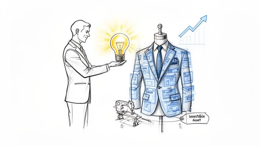 A man offers an idea (lightbulb) to a bespoke software suit, symbolizing custom development and investment growth.