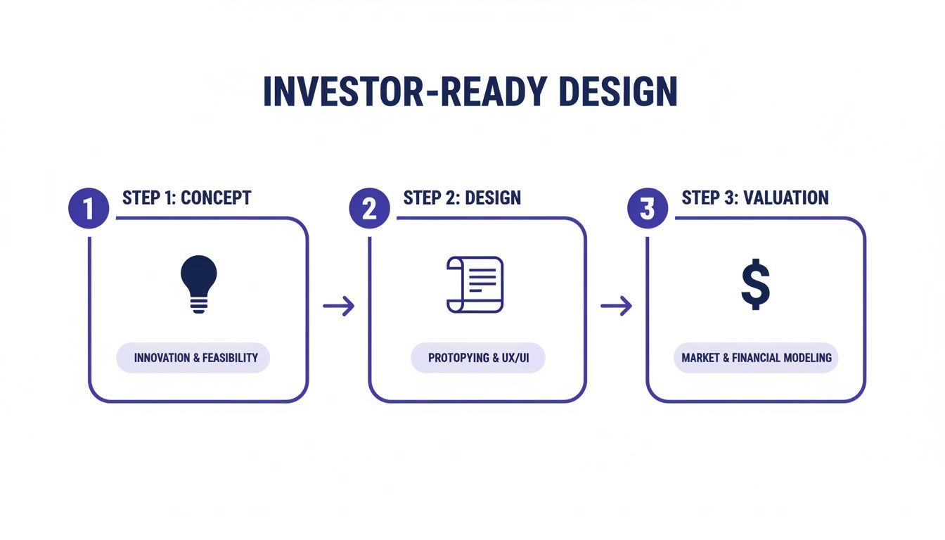 Infographic detailing three steps for investor-ready design: concept, design, and valuation.