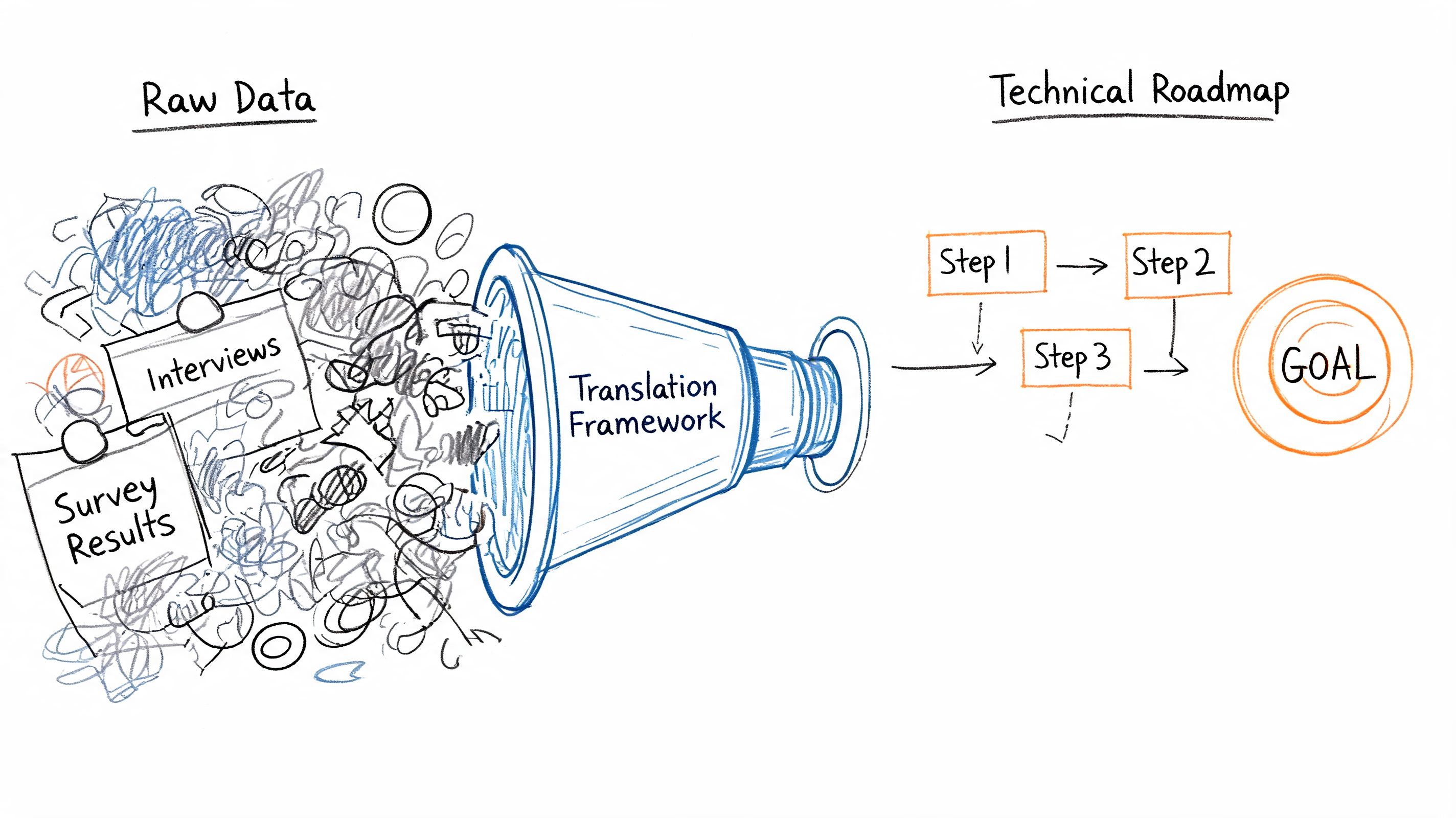A diagram showing raw research data flowing through a translation framework into a technical roadmap.
