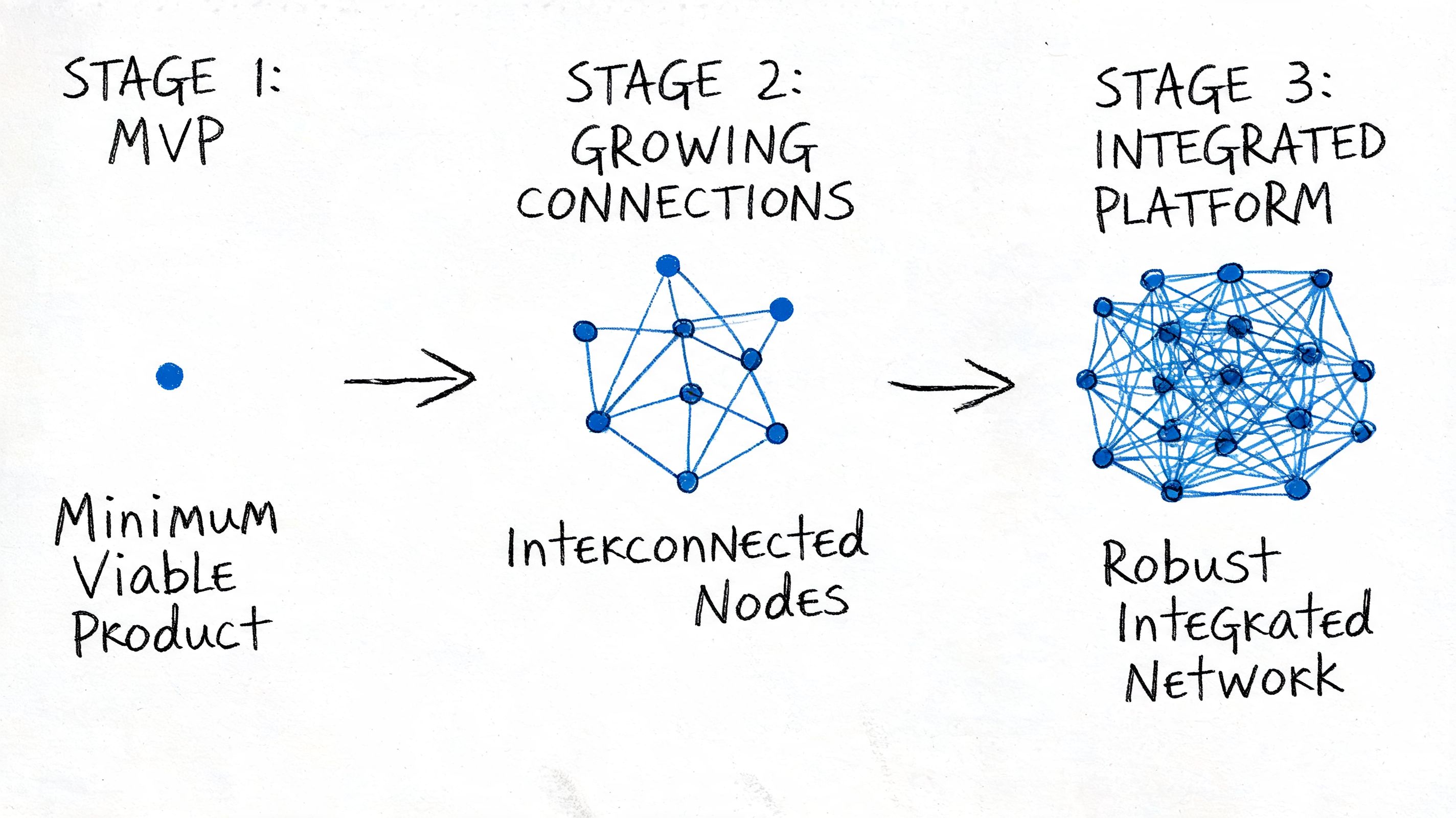 A diagram illustrating product evolution from a single MVP node to a complex integrated network.