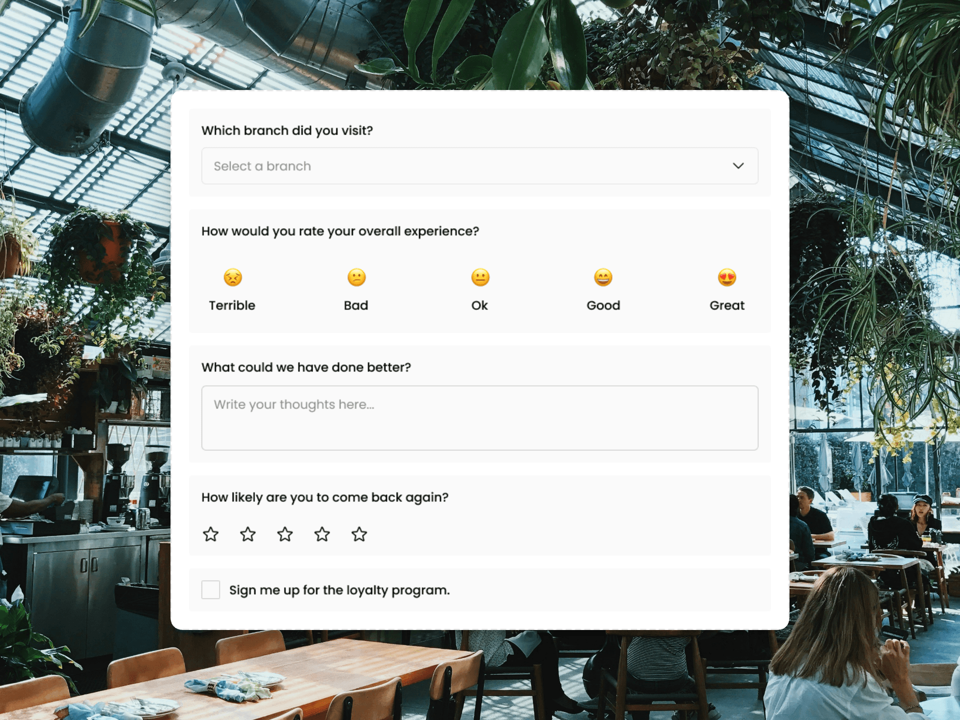 Screenshot of a FeedbackRobot customer survey form with emoji rating scale, open text field, star rating, and loyalty program opt-in, overlaid on a photo of a restaurant.