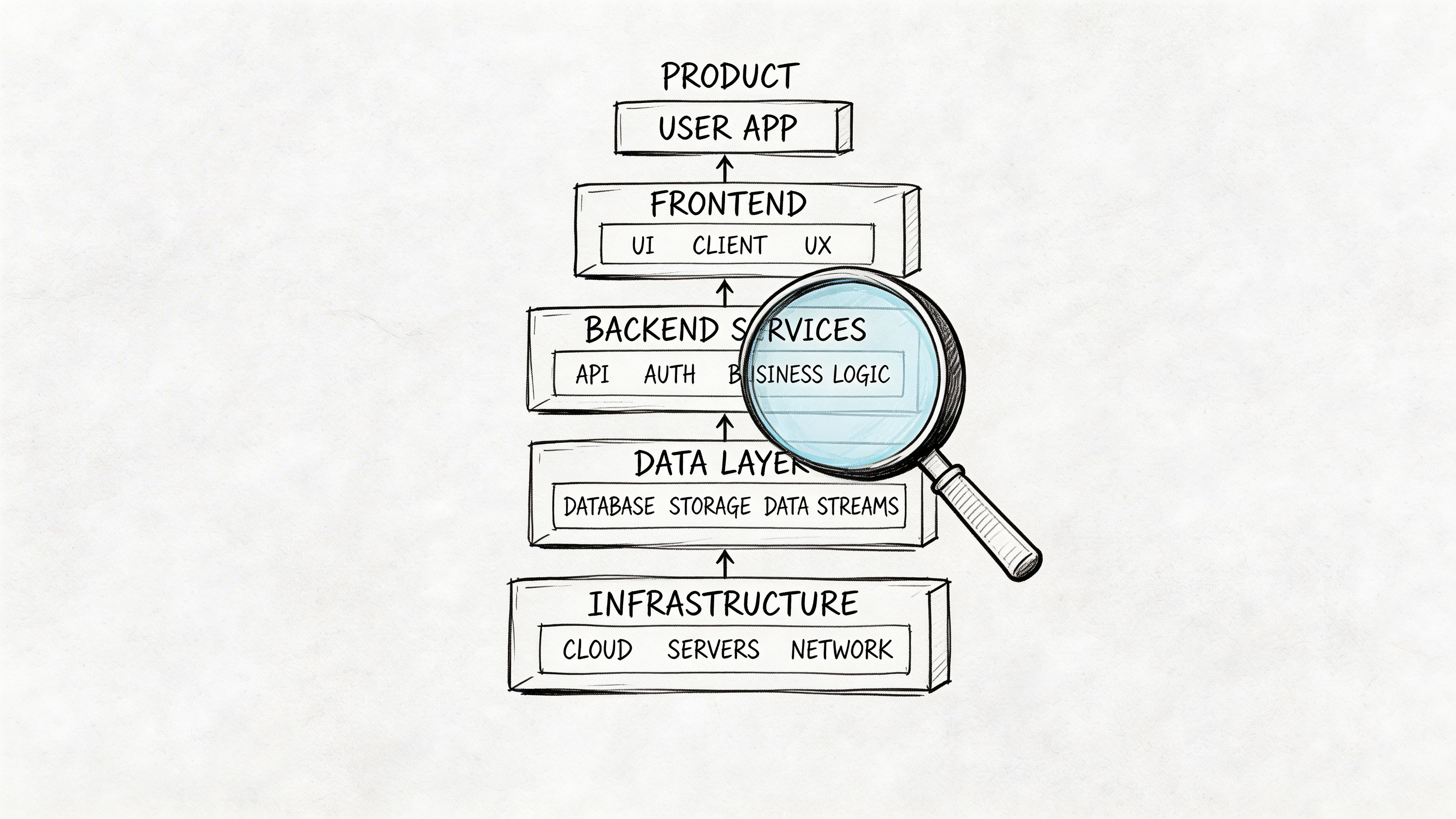 A hand-drawn flowchart diagram of a software startup tech stack viewed through a magnifying glass.