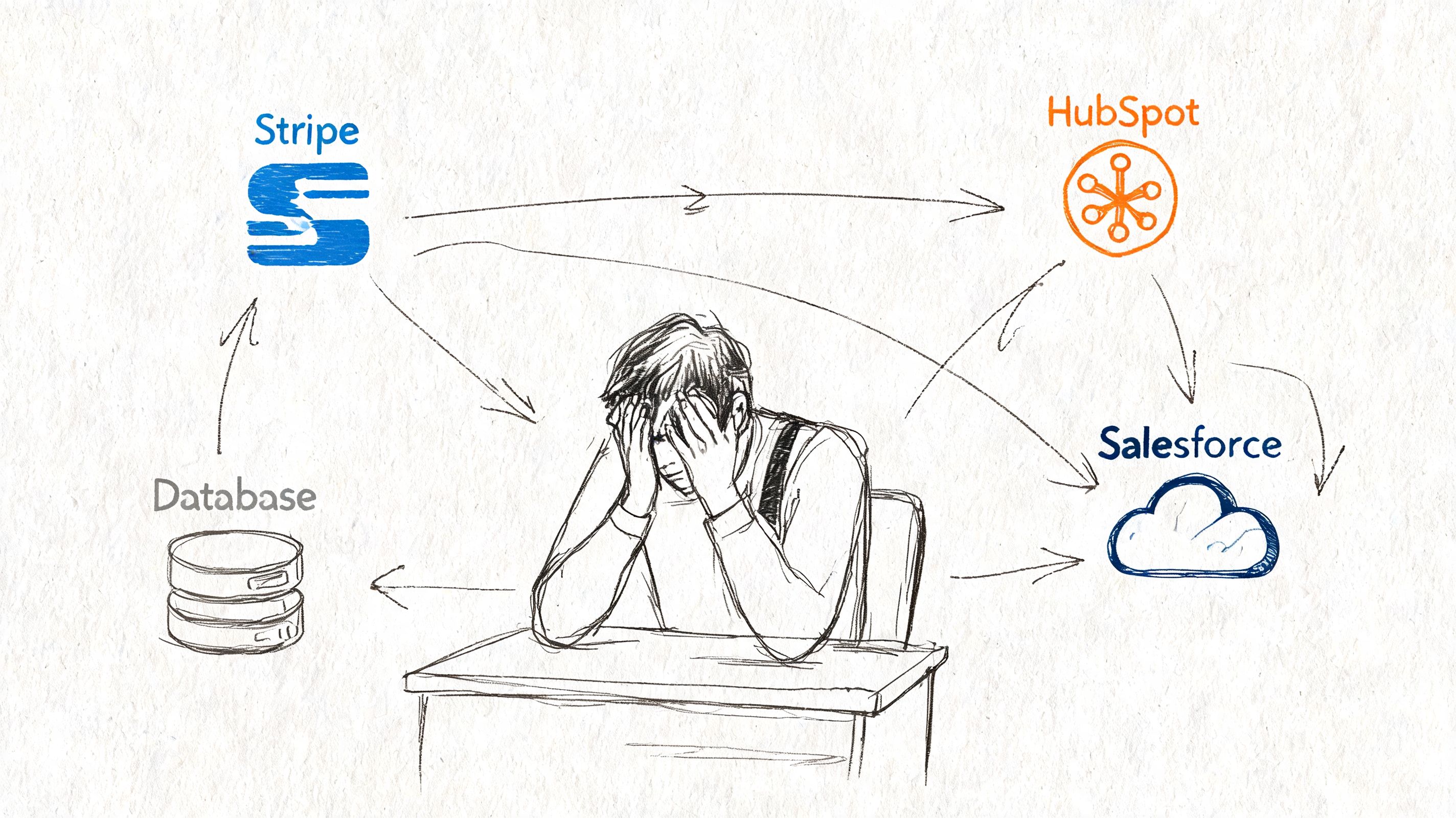 A hand-drawn illustration of a stressed person overwhelmed by complex data integration between Stripe, HubSpot, and Salesforce.