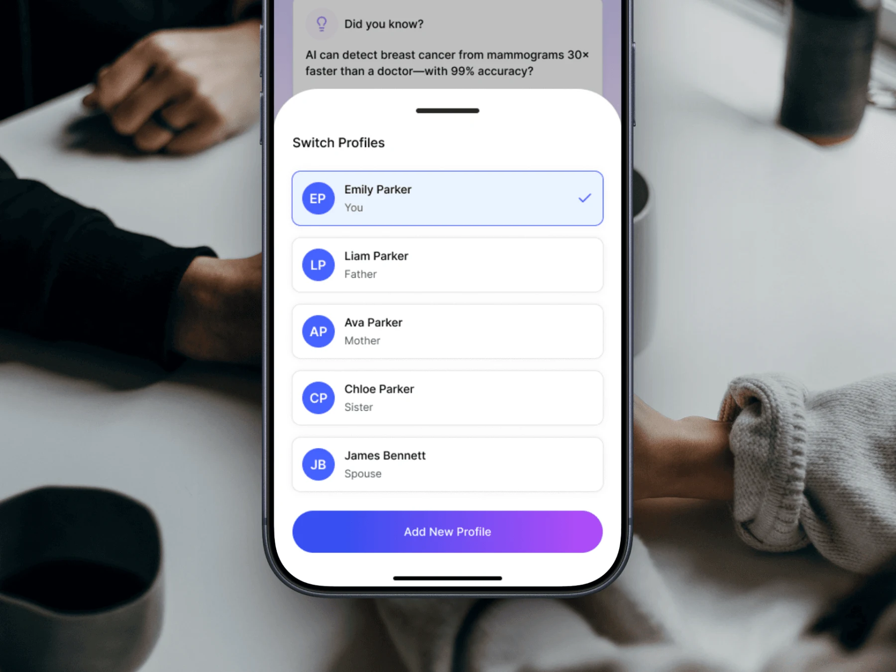 Screenshot of the AI Health Clinic family health profiles screen showing multiple member profiles, displayed on a phone held by a person.