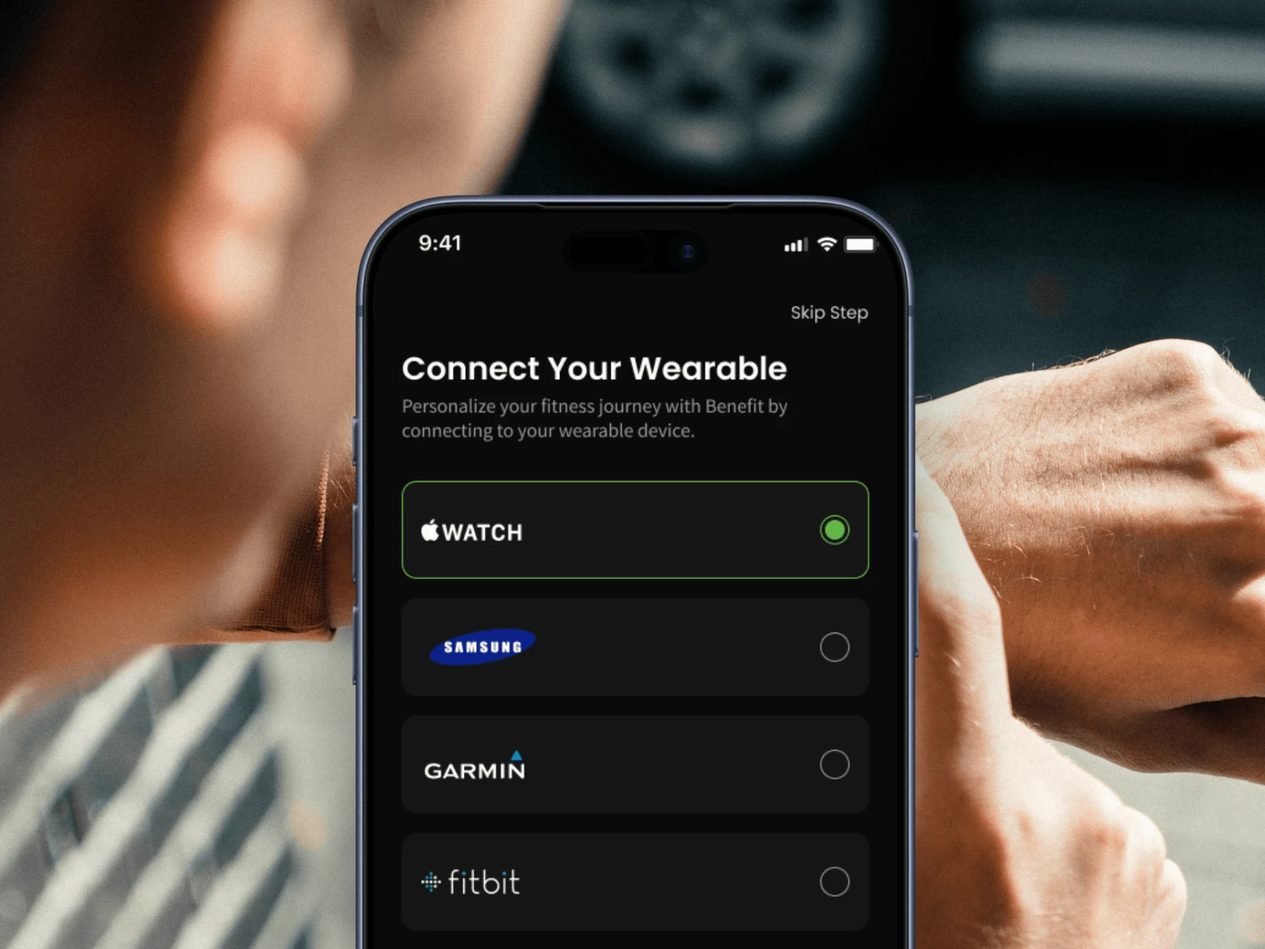 Screenshot of the BeneFit app's wearable connection screen showing Apple Watch, Samsung, and Garmin options, overlaid on a photo of someone wearing a smartwatch.