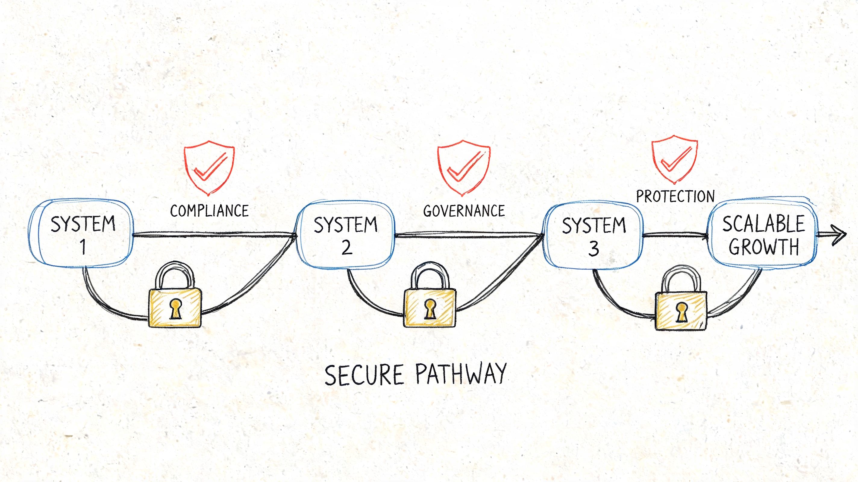 A diagram illustrating a secure pathway for enterprise systems through compliance, governance, and protection toward scalable growth.