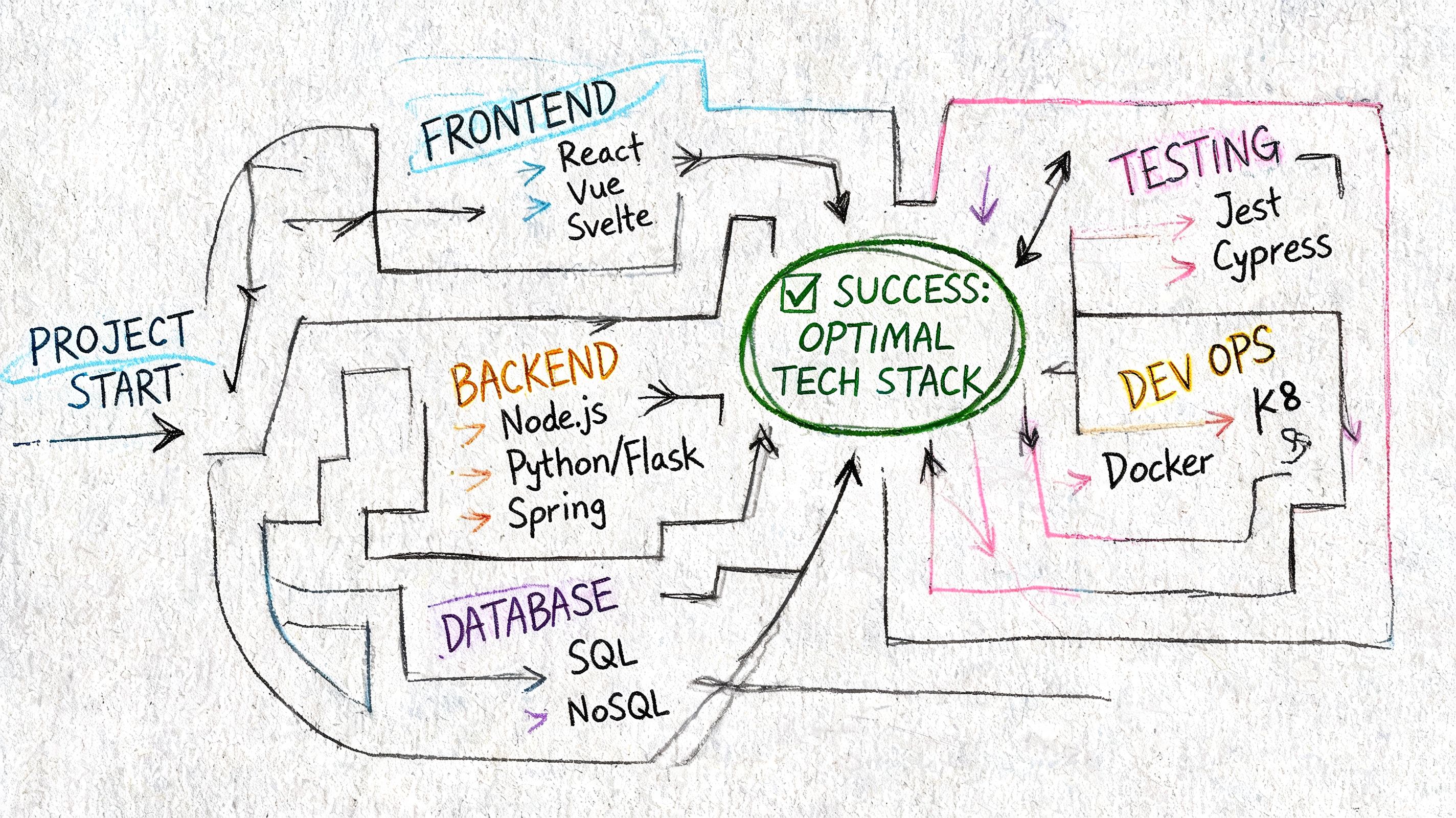 A hand-drawn flowchart illustrating the path from project start to selecting an optimal software technology stack.
