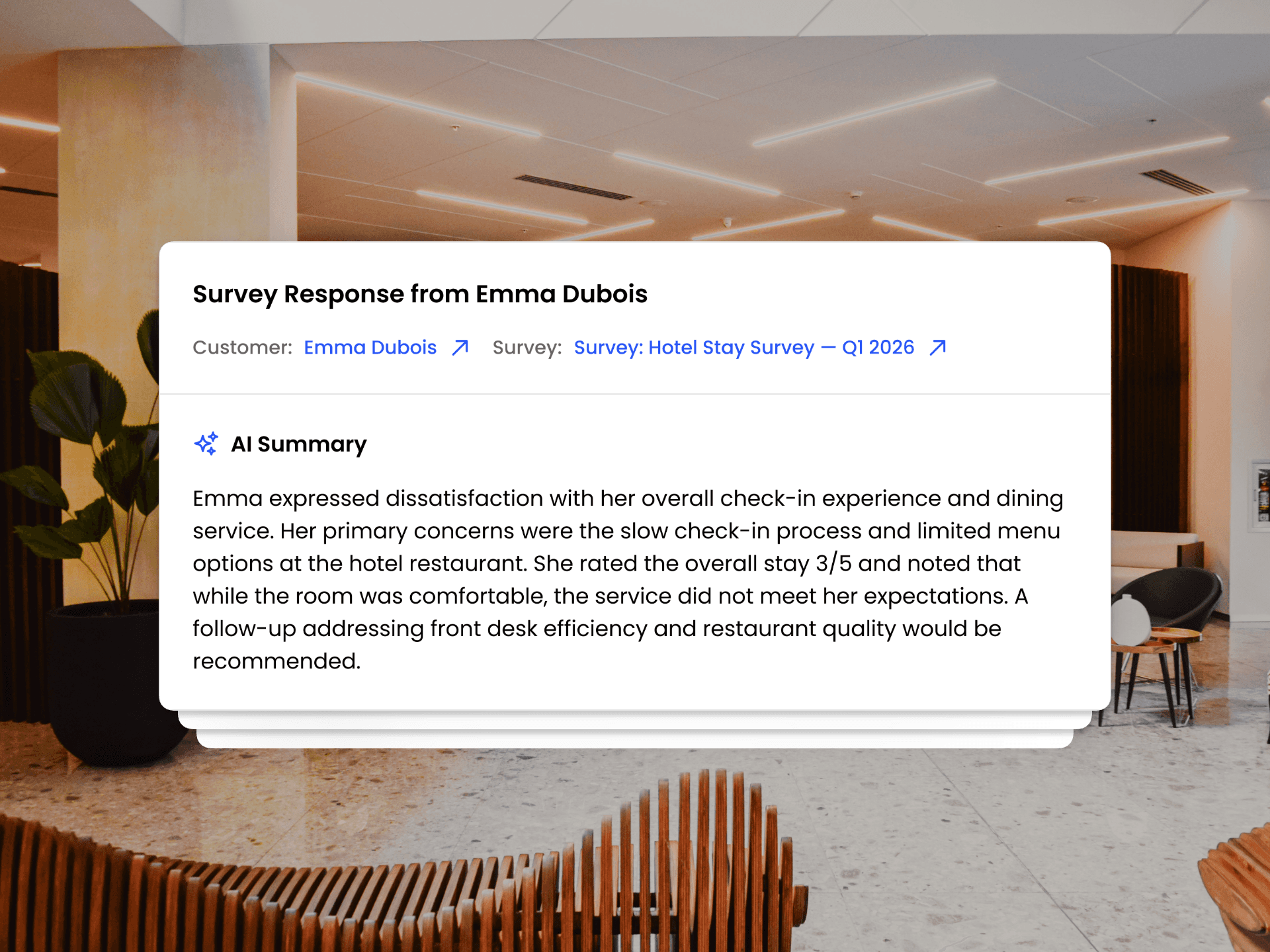 FeedbackRobot UI card showing an AI-generated summary of a hotel guest's survey response, overlaid on a photo of a modern hotel lobby.