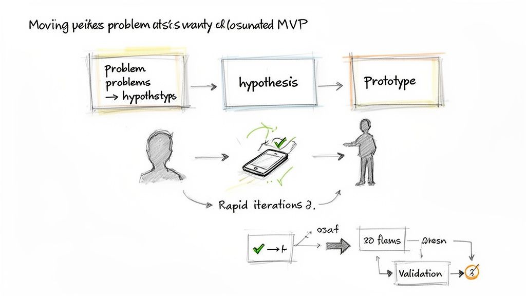 Hand-drawn flowchart showing steps for product design, hypothesis, prototype, rapid iterations, and validation.