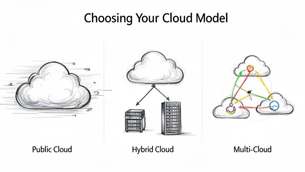 Diagram illustrating three distinct cloud models: Public, Hybrid, and Multi-Cloud with conceptual graphics.