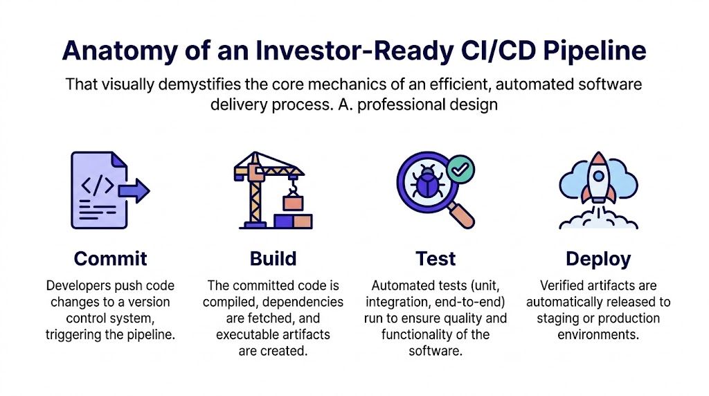 A four-step infographic showing the stages of a CI/CD pipeline: Commit, Build, Test, and Deploy.
