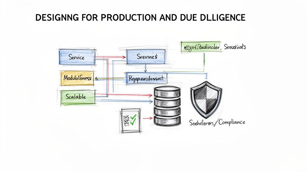 Hand-drawn diagram showing system components like service, modularity, scalability, database, and compliance.
