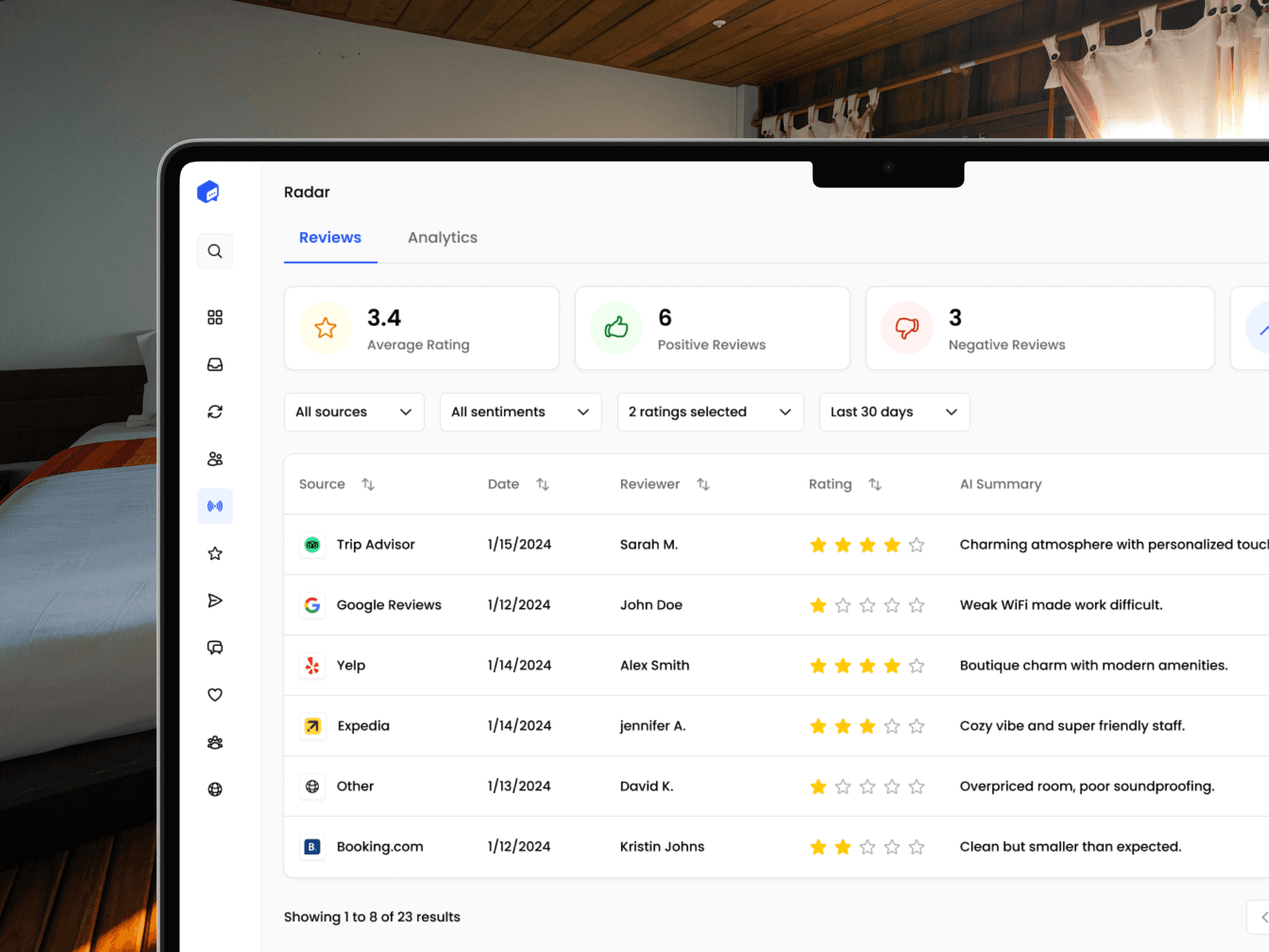 Screenshot of FeedbackRobot's Radar feature showing aggregated reviews from Google, Yelp, TripAdvisor, and Booking.com in a unified table view, displayed on a laptop.