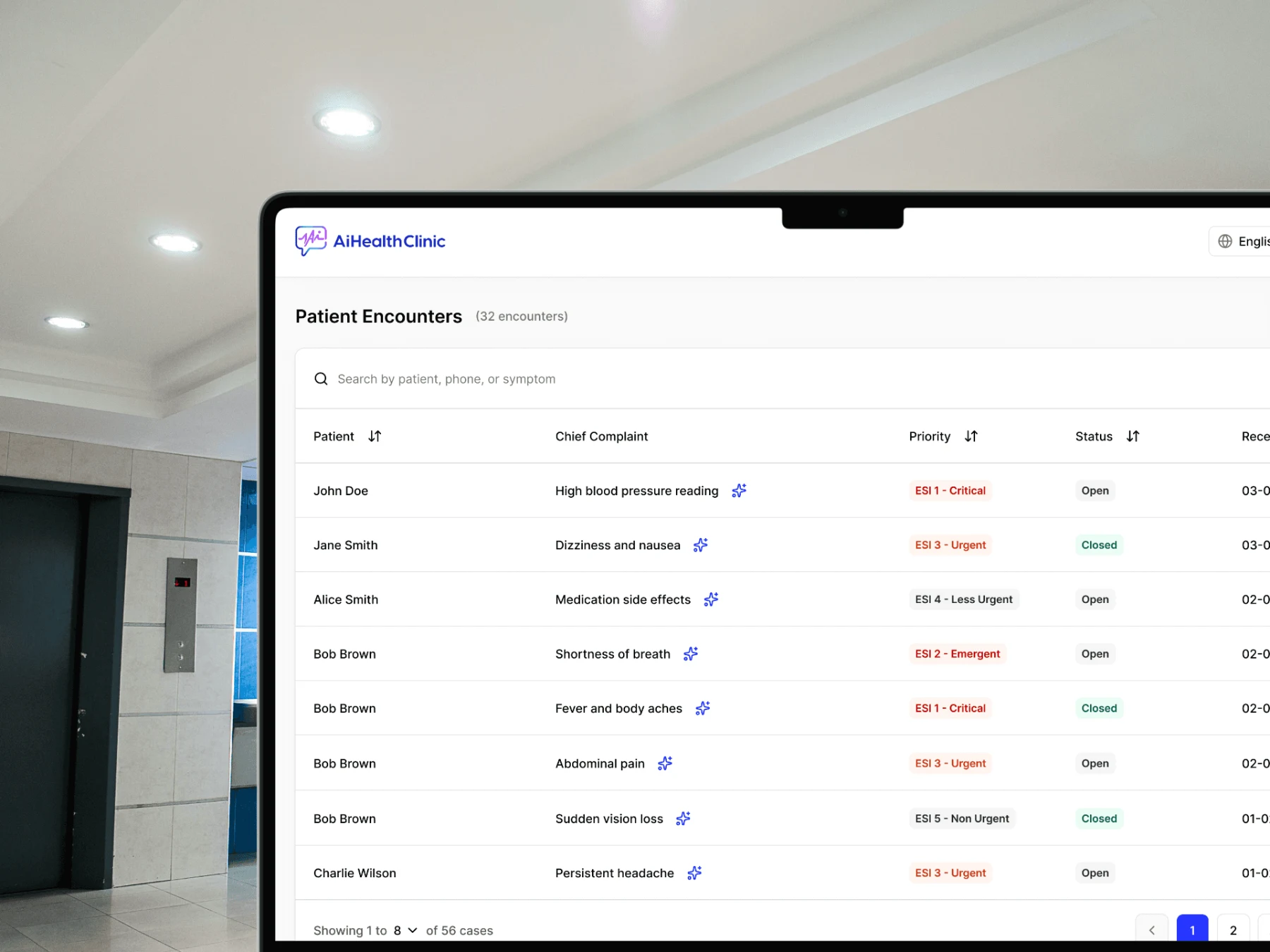 Screenshot of the AI Health Clinic patient queue dashboard showing prioritized cases with complaint types and urgency levels, displayed on a monitor in a clinical setting.