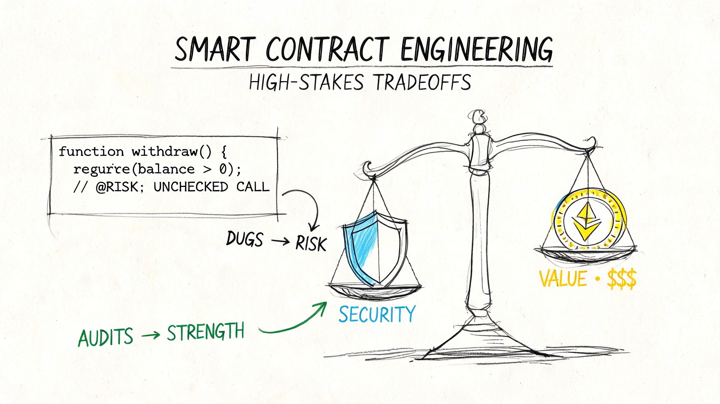 A hand-drawn illustration depicting the balance between smart contract security risks and the high value of assets.