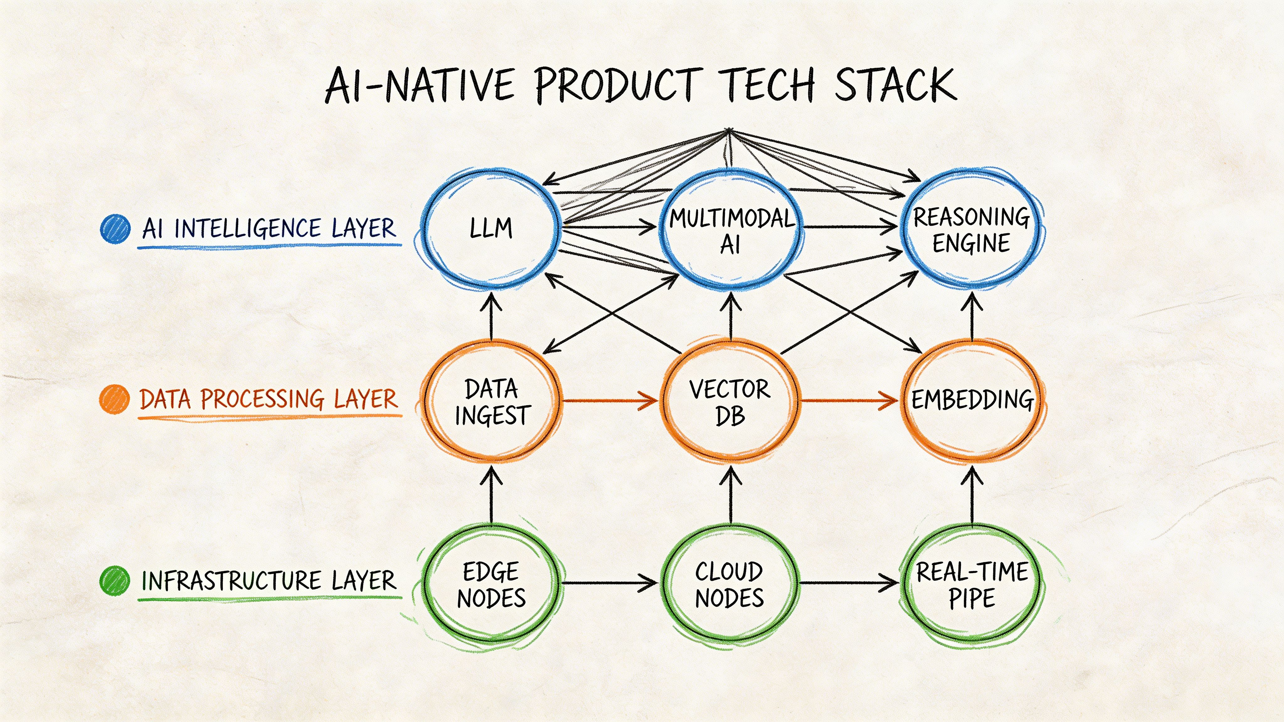 A diagram illustrating an AI-native product tech stack with layers for infrastructure, data processing, and intelligence.