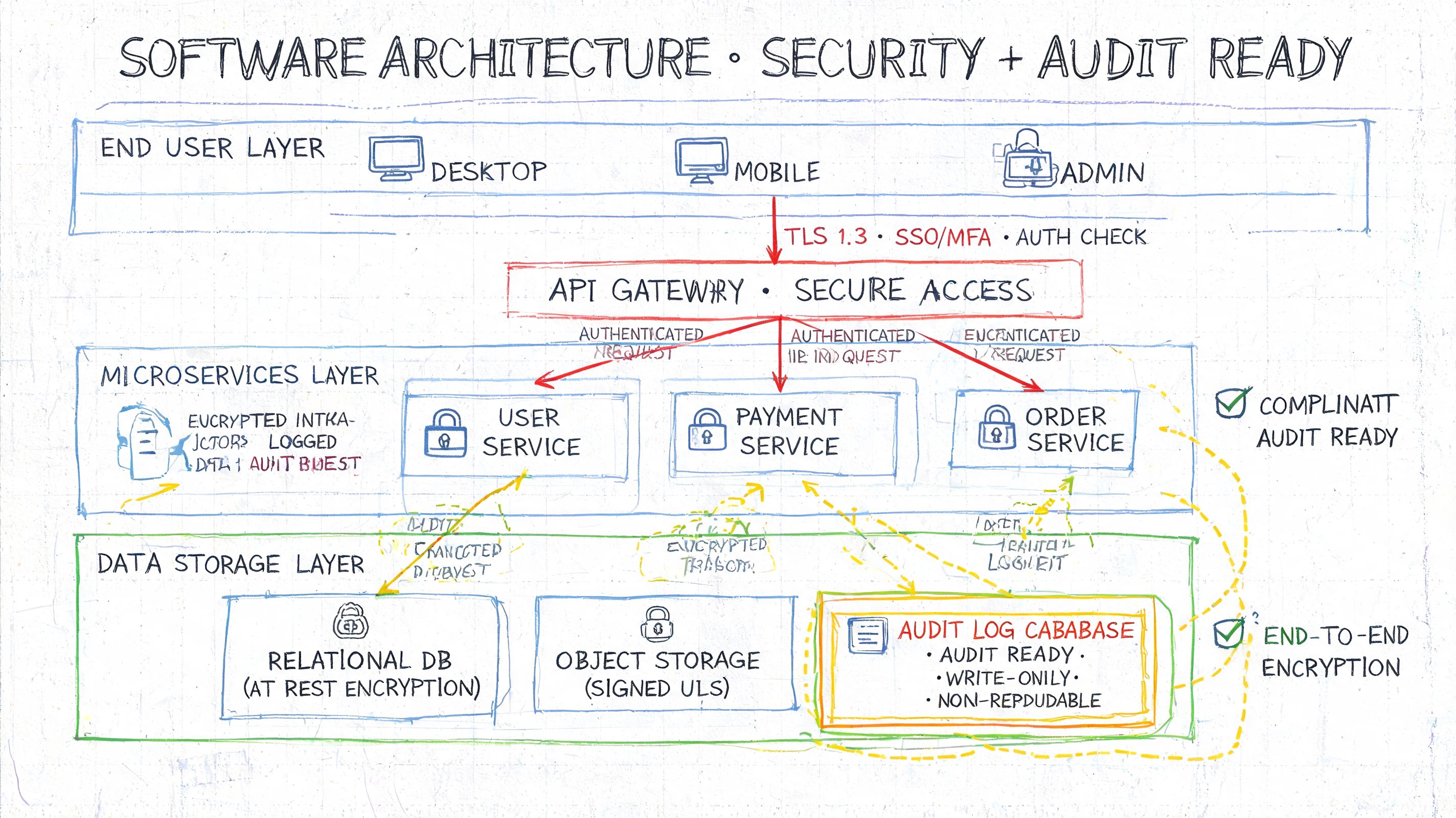 A hand-drawn software architecture diagram showing layers for security, microservices, and audit-ready data storage systems.