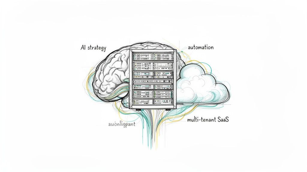 Hand-drawn sketch illustrating AI strategy (brain), automation (cloud), and multi-tenant SaaS (server rack).
