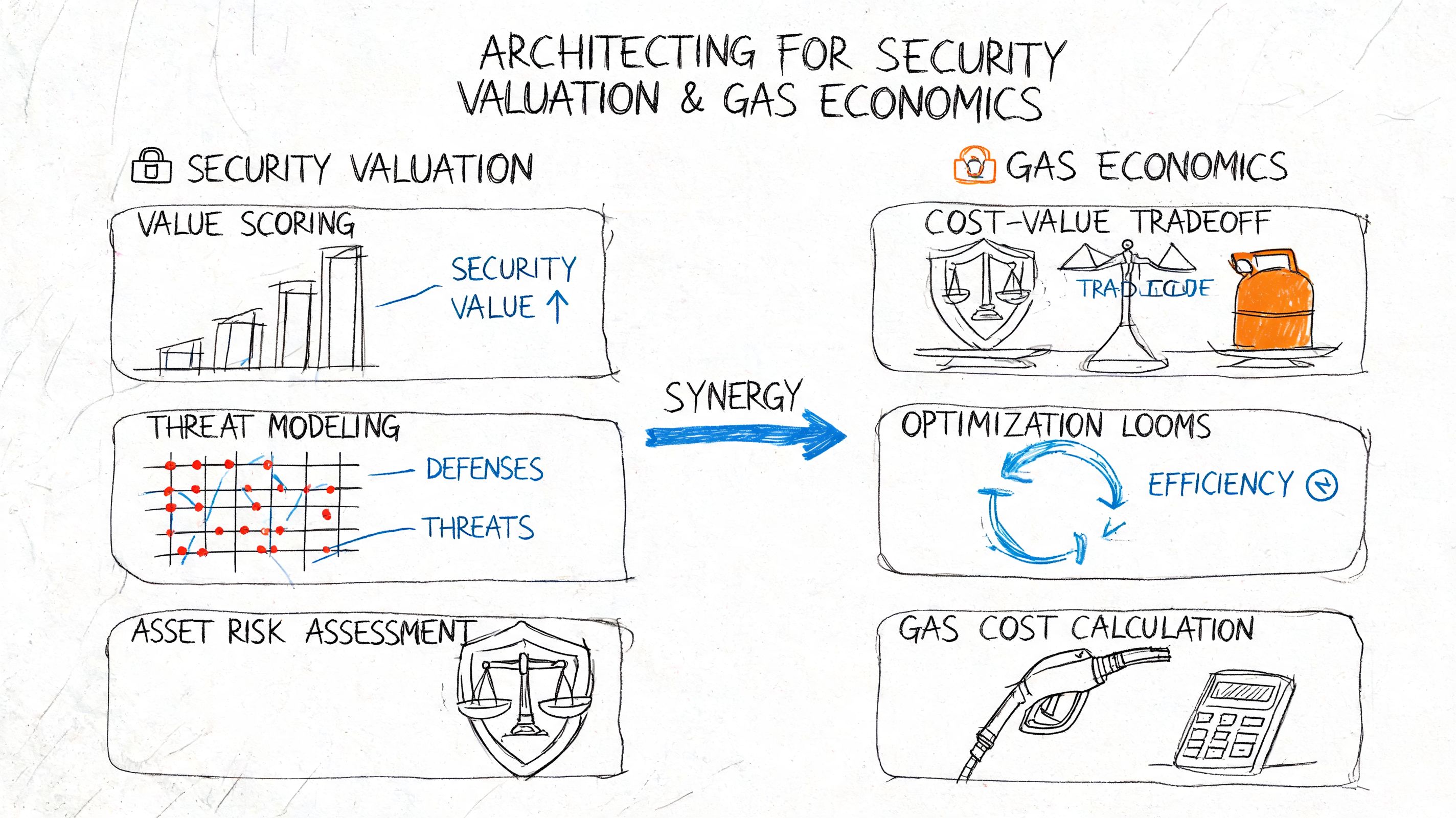 A hand-drawn diagram illustrating the relationship between security valuation and gas economics in blockchain software development.