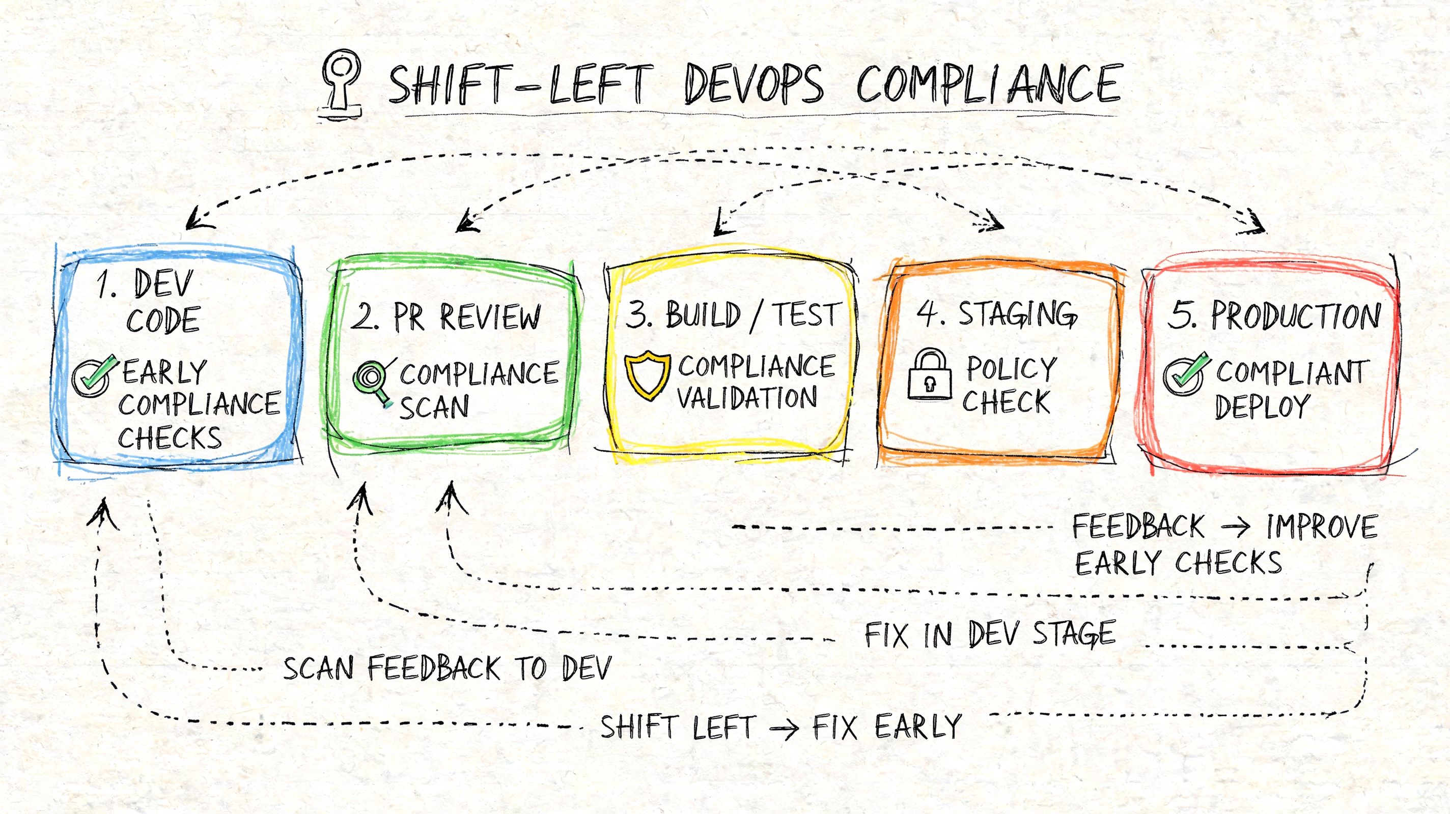 A diagram illustrating the Shift-Left DevOps compliance process across five key development and deployment stages.