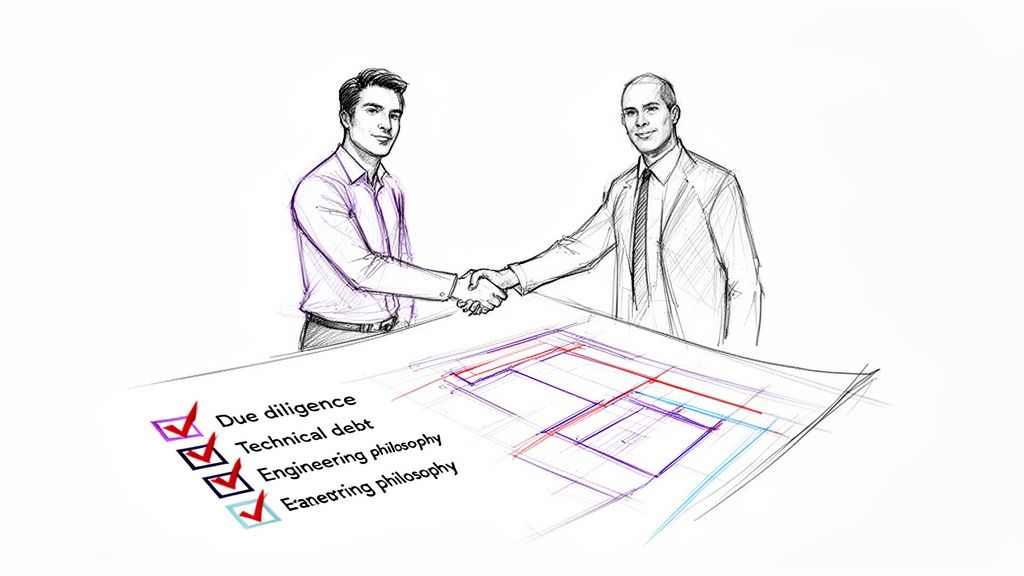 Sketch of two businessmen shaking hands above a blueprint and a completed due diligence checklist.