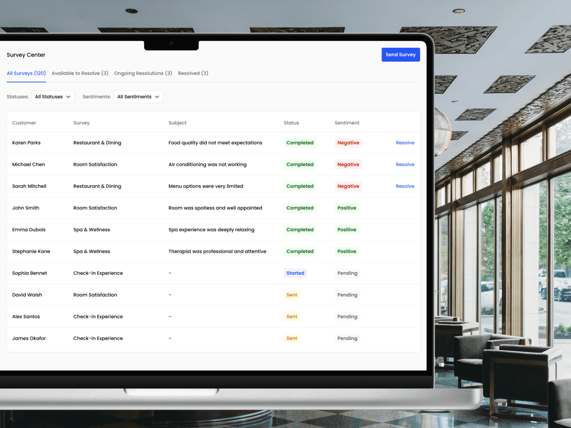 Screenshot of the FeedbackRobot Survey Center interface displaying a table of customer survey responses with columns for Customer, Survey, Subject, Status, and Sentiment — showing entries labeled Completed with Negative or Positive sentiment tags, and others marked as Started or Sent with Pending status.