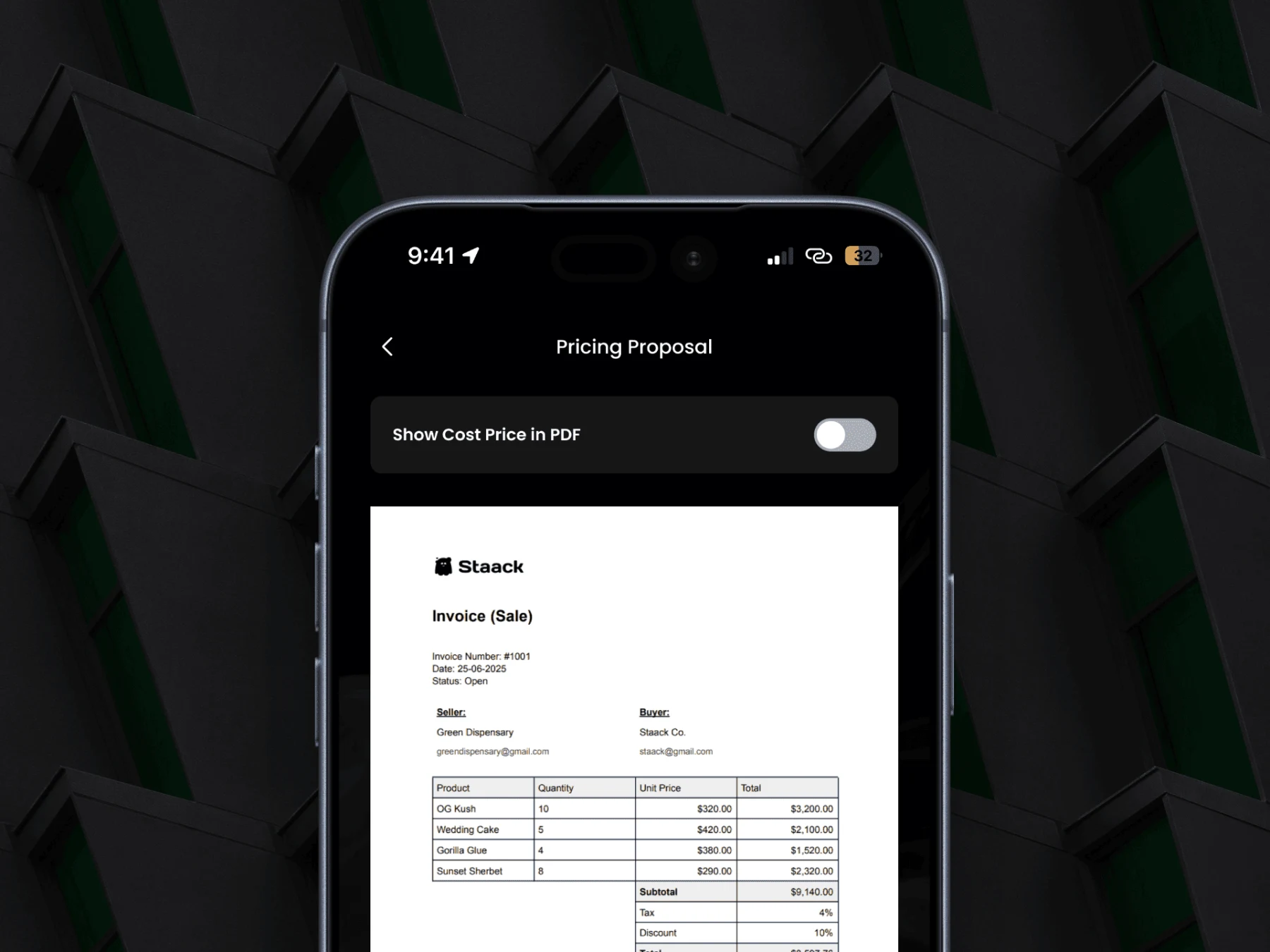 Screenshot of the Staackbooks pricing proposal PDF generation screen showing a branded invoice preview on a phone.
