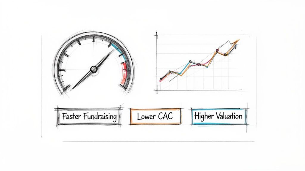 Illustration showing key business metrics: faster fundraising, lower CAC, and higher valuation, with a speedometer and line graph.