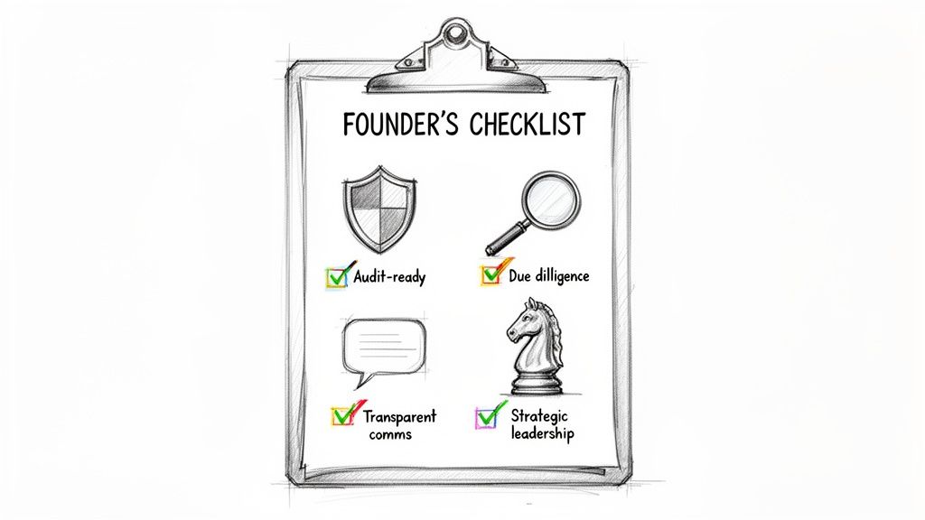 A hand-drawn Founder's Checklist on a clipboard with four checked items: Audit-ready, Due diligence, Transparent comms, and Strategic leadership.